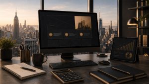 A modern workspace featuring website design screens, a calculator & the New York City skyline, illustrating the factors that influence small business website cost in 2026.