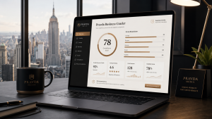 Laptop in a New York City office displaying the Pravda Business Grader dashboard with a business visibility score.